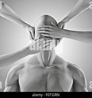 Non parlo, 3D Rendering di figura maschile con le mani che coprono gli occhi, le orecchie e la bocca Foto Stock