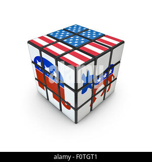 Il giorno delle elezioni, puzzle 3D render di puzzle cubo con bandiera degli Stati Uniti e repubblicano e il partito democratico i simboli Foto Stock