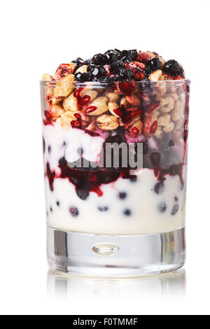 Parfait di stile a più livelli sani snack o dessert con yogurt,mirtillo,marmellata di mirtilli freschi,miele soffiato il frumento in vetro Foto Stock