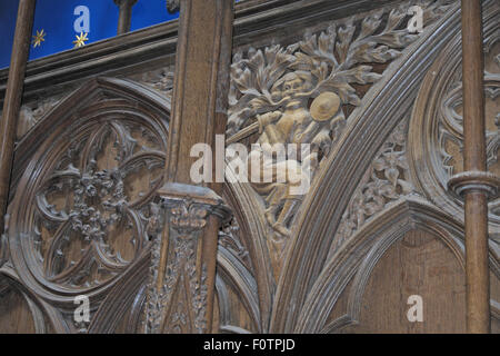 Verde design uomo intaglio del legno per il cudiero, la cattedrale di Winchester, Hampshire, Inghilterra, Regno Unito. Foto Stock