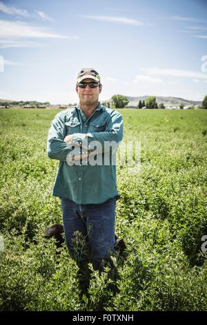 Uomo maturo in campo, Billings, Montana, USA Foto Stock