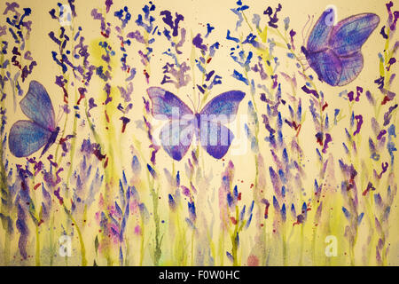 Campo di lavanda con farfalle. Foto Stock