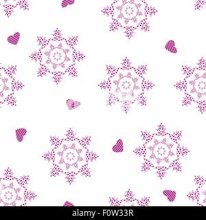 Vettore modello senza cuciture con punto di fiocchi di neve e di cuori. Saluto sfondo ornamento Illustrazione Vettoriale