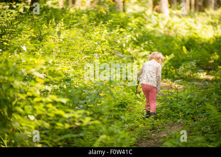 Bambina nel bosco di età compresa tra i 4-7 Foto Stock