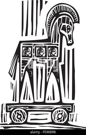 Silografia espressionista stile immagine del Greco Cavallo di Troia Illustrazione Vettoriale