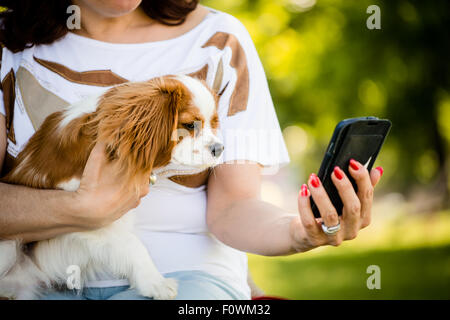 Donna matura che mostra qualcosa al suo cane cavalier sullo smartphone, outdoor in natura Foto Stock