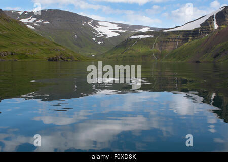 L'Islanda, Westfjords, Jokulflrdir, Lonagfjordur Riserva Naturale (66°16'33' N 22°37'15" W). Fiordo remoto riflessioni. Foto Stock