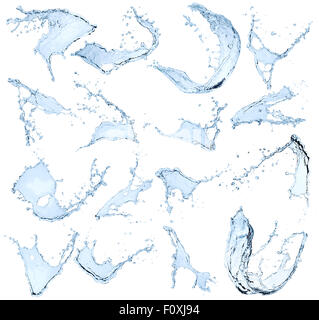 Raccolta di spruzzi di acqua su sfondo bianco Foto Stock
