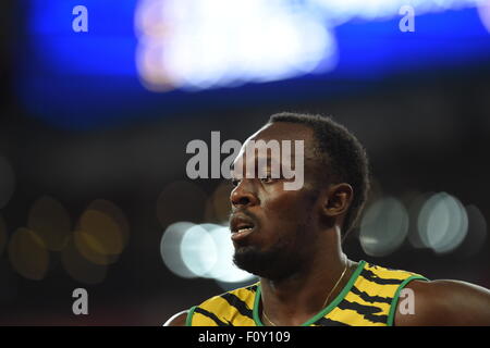 Pechino, Cina. 23 Ago, 2015. (150823) --Pechino, Agosto 23, 2015 (Xinhua) --Usain Bolt della Giamaica reagisce dopo l'uomo 100 semifinale alla XV IAAF mondiale di atletica del 2015 a Pechino, capitale della Cina, su agosto 23, 2015. Vite advanced in finale con 9,96 secondi. Credito: Xinhua/Alamy Live News Foto Stock