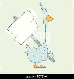 Personaggio dei fumetti di oca con poster di legno isolato su sfondo bianco. Vettore. Illustrazione Vettoriale