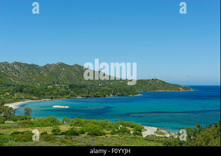 La spiaggia e la baia di Saint Florent, Haute-Corse, Il Nebbio, costa Nord, Corsica, Francia Foto Stock