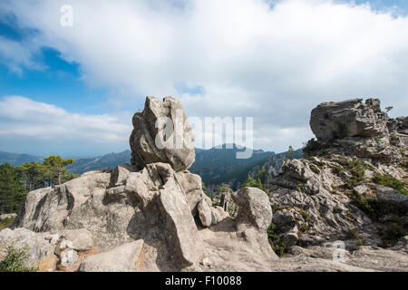 Formazione di roccia, paesaggio montano, l&#39;Ospedale Alta Rocca, Corsica, Francia Foto Stock