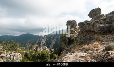 Formazione di roccia, paesaggio montano, l&#39;Ospedale Alta Rocca, Corsica, Francia Foto Stock