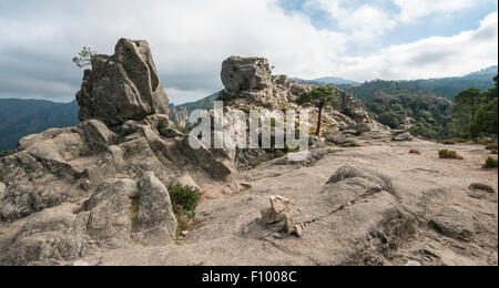 Formazione di roccia, paesaggio montano, l&#39;Ospedale Alta Rocca, Corsica, Francia Foto Stock