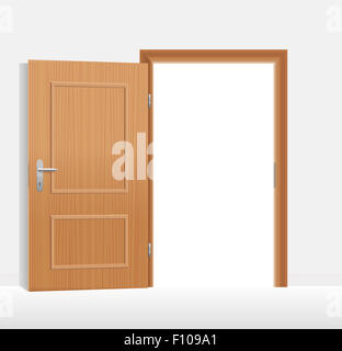 Illustrazione di una porta aperta per una luminosa sala bianca. Foto Stock