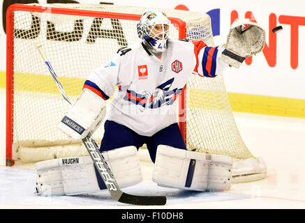 Ostrava, Repubblica Ceca. 23 Ago, 2015. 2° turno gruppo I ice hockey Champions League, HC Vitkovice acciaio vs Adler Mannheim in Ostrava, Repubblica Ceca il 23 agosto 2015. Portiere di Mannheim Endras Dennis. © Jaroslav Ozana/CTK foto/Alamy Live News Foto Stock