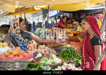 Rajasthan, India. Sawai Madhopur. Donna pagando in un mercato di vendita di stallo verdure. Foto Stock