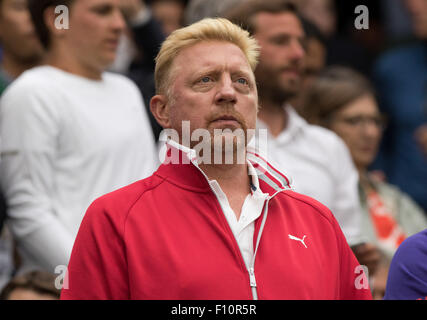 Boris Becker, pullman di Novak Djokovic ,campionati di Wimbledon 2015, Londra, Inghilterra. Foto Stock