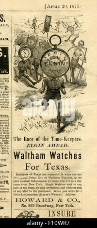 Antique 1872 incisione da Harper's Weekly, la pubblicità per Elgin orologi da tasca, con una sollecitazione per Waltham guardare gli acquirenti in Texas dal concessionario Howard & Co di New York. Foto Stock