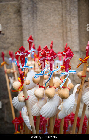 Bastoni da passeggio con il guscio che rappresenta il Camino de Santiago Foto Stock