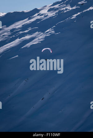 Un parapendio è volare in alto nelle montagne coperte di neve al di sopra di un snowfield a Belalp / Blatten, Svizzera (cantone del Vallese). Foto Stock