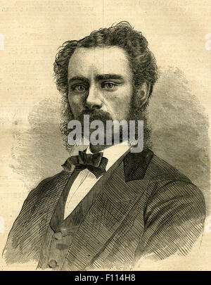 Antique 1872 incisione da Harper's Weekly, ritratto di Alexander Boyd Henderson, New York Herald corrispondente con la palude angeli, North Carolina banda di fuorilegge che aveva fino a quel momento, un record di diciotto omicidi a loro credito. Foto Stock