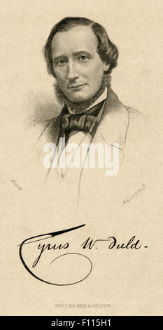 Antica incisione 1858, ritratto di Ciro West campo con autografo di facsimile. Cyrus West Field (1819-1892) era un uomo d'affari americano e finanziere che, insieme con altri imprenditori, ha creato la Atlantic Telegraph Company e di cui il primo cavo telegrafico attraverso l'Oceano Atlantico nel 1858. Foto Stock