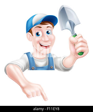 Un cartoon mascotte di giardinaggio giardiniere uomo tenendo un giardino cazzuola e con la punta rivolta verso il basso in corrispondenza di un segno Foto Stock