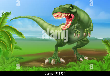 Una illustrazione di una media cercando Tyrannosaurs dinosauro Rex in uno sfondo preistorico Foto Stock