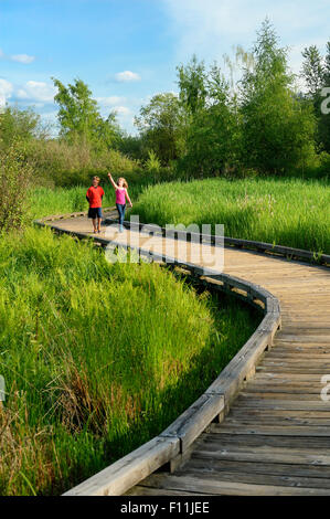 Bambini passeggiate sulla passerella di legno nella palude delle paludi Foto Stock