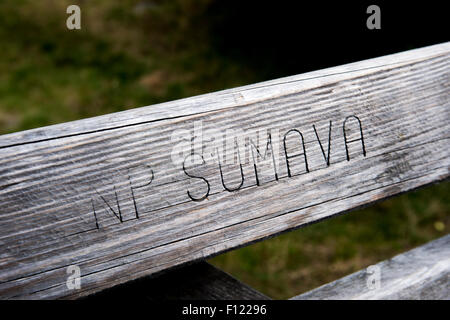 Segno per Narodni Park Sumava National Park Bohemia Repubblica Ceca, la foresta Boema, noto in Repubblica ceca come Selva Boema Foto Stock