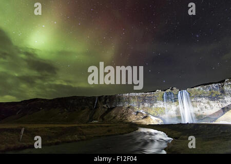 Seljalandsfoss Aurora Foto Stock