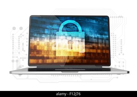 Cassetta di sicurezza Accesso Computer illustrazione concettuale. Laptop moderno computer con lucchetto e sfondo digitale concetto sul display. Giro Foto Stock