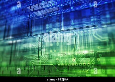 Concetto tecnologico. Il verde e il blu Abstract Tech sfondo con blocchi vetrosi e scheda a circuito stampato sullo sfondo digitale. Foto Stock
