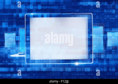 Digital Computer i dispositivi. I dispositivi mobili concetto illustrazione con overlay codice astratto . Foto Stock
