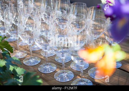 Bicchieri di vino sono stabiliti per i membri di un' Cena presso Roblar Cantina Santa Ynez Valley, California Foto Stock