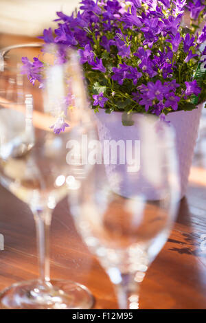 Bicchieri di vino sono stabiliti per i membri di un' Cena presso Roblar Cantina Santa Ynez Valley, California Foto Stock