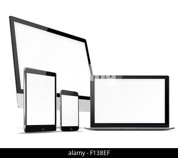 Monitor per computer, telefono cellulare, computer portatile e tablet pc con schermo vuoto isolato su sfondo bianco. Altamente dettagliate illustratio Foto Stock