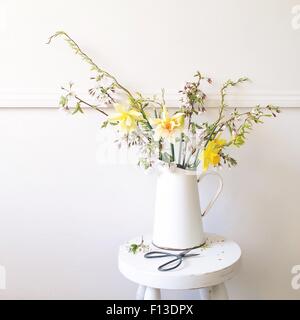 Fiori di Primavera in una brocca con forbici, daffodil, salice intrecciati e blossom Foto Stock