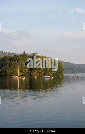 Piccole barche a vela/yachts presto su una mattina d'estate ormeggiato sul Lago di Windermere, nel distretto del lago, Inghilterra Foto Stock