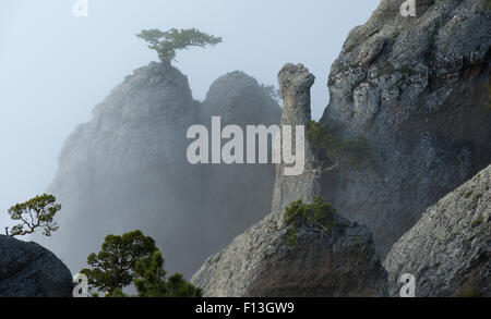 Formazioni di pietra nella valle dei fantasmi Dimerdzhi, Crimea Russia Foto Stock