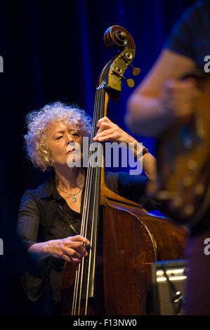 Bass player con Deirdre Cartwright Band & Amici di eseguire sul palco a Brecon Jazz Festival 2015 Foto Stock