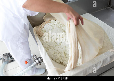 Una donna che lavora in una piccola famiglia creamery è in fase di elaborazione le fasi finali di fabbricazione di una partita di formaggio. Il caseificio è specializzata Foto Stock