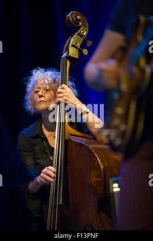 Bass player con Deirdre Cartwright Band & Amici di eseguire sul palco a Brecon Jazz Festival 2015 Foto Stock