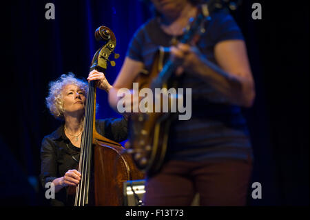 Bass player con Deirdre Cartwright Band & Amici di eseguire sul palco a Brecon Jazz Festival 2015 Foto Stock