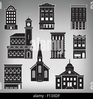Piccola città Main Street edifici su uno sfondo semplice Illustrazione Vettoriale