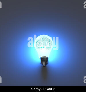 3d di metallo del cervello umano in una lampadina elettrica come concetto creativo Foto Stock