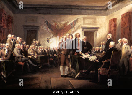 1776 firma la dichiarazione di indipendenza da TRUMBULL in Pennsylvania State House ora Independence Hall di Philadelphia PA USA Foto Stock