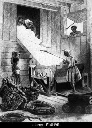 1700s 1800 Illustrazione di afro-americano di lavoratori slave operante il cotone GIN STATI UNITI D'AMERICA MERIDIONALE Foto Stock