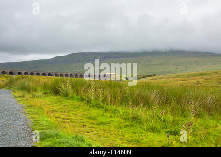 Famoso viadotto Ribblehead nello Yorkshire Dales National Park con il treno Foto Stock
